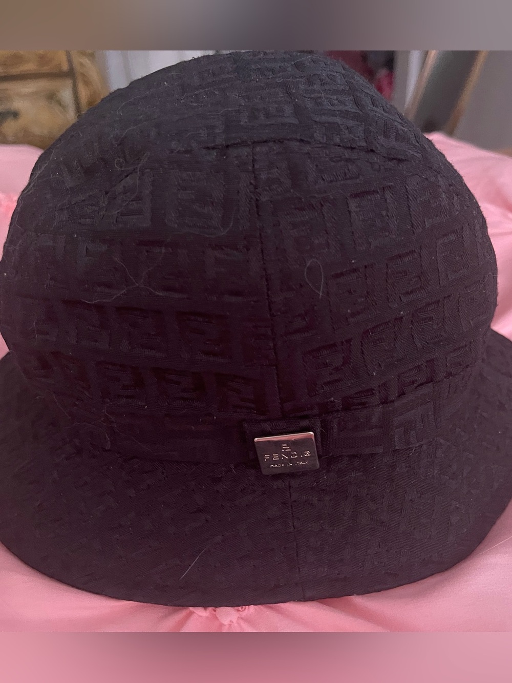 Fendi Black Embossed FF Bucket Hat with Metal Plaque